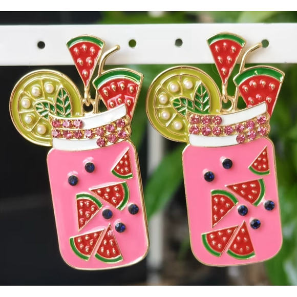 Boutique Jewelry - Pink Watermelon Lemonade Jar Dangle Earrings –Rhinestone Fruit Statement Earring